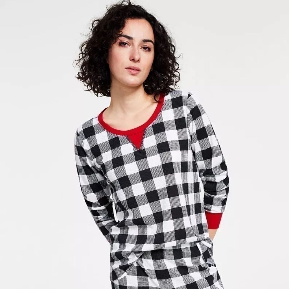 Family Pajamas Matching Womens Lightweight Waffle Buffalo Check holiday 1pc
